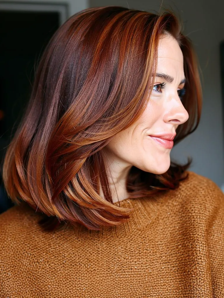Shoulder-Length Layered Bob with Copper and Caramel Highlights